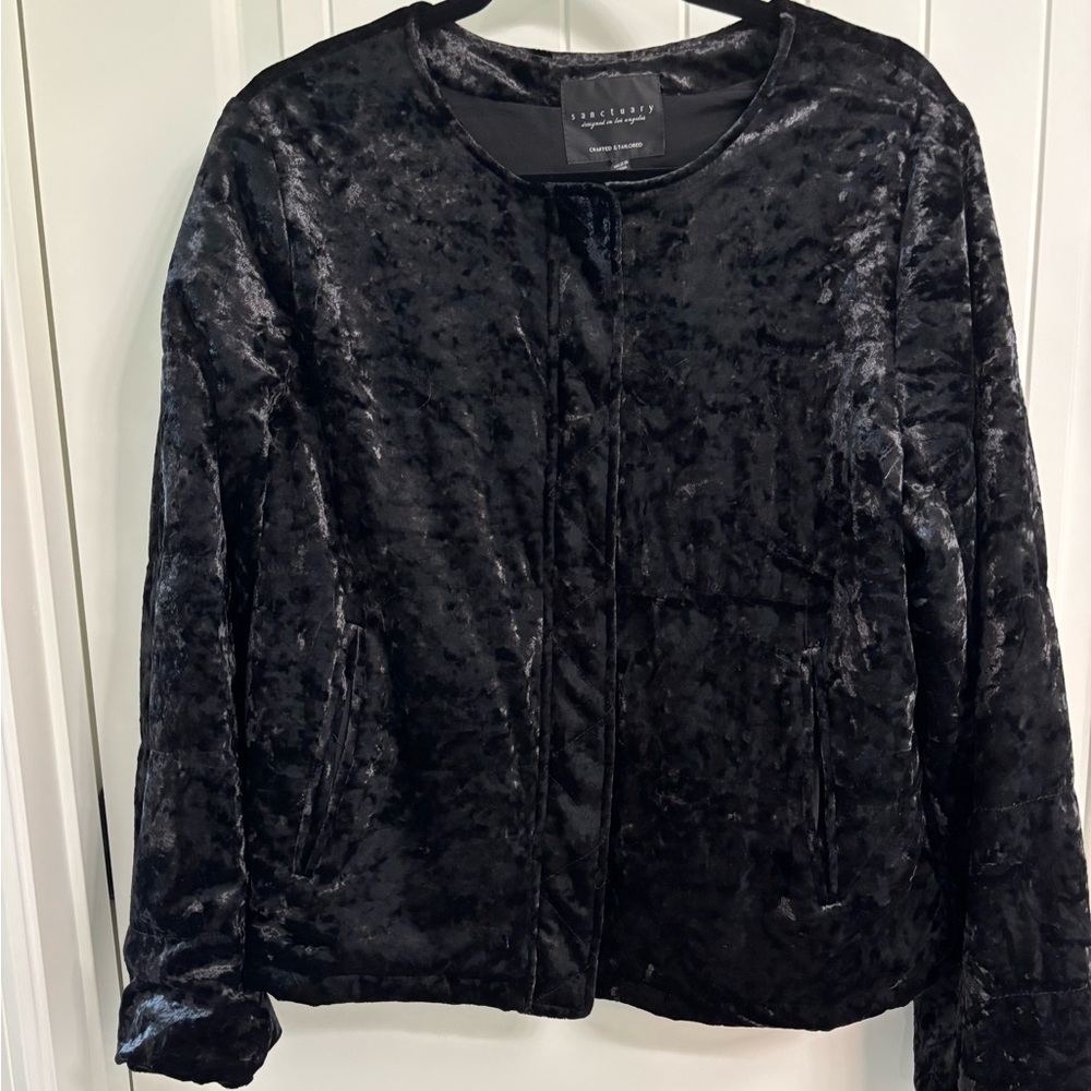 Sanctuary Black VELVET Jacket Zip Up, Puff Sleeves, Pockets Women’s Size XL